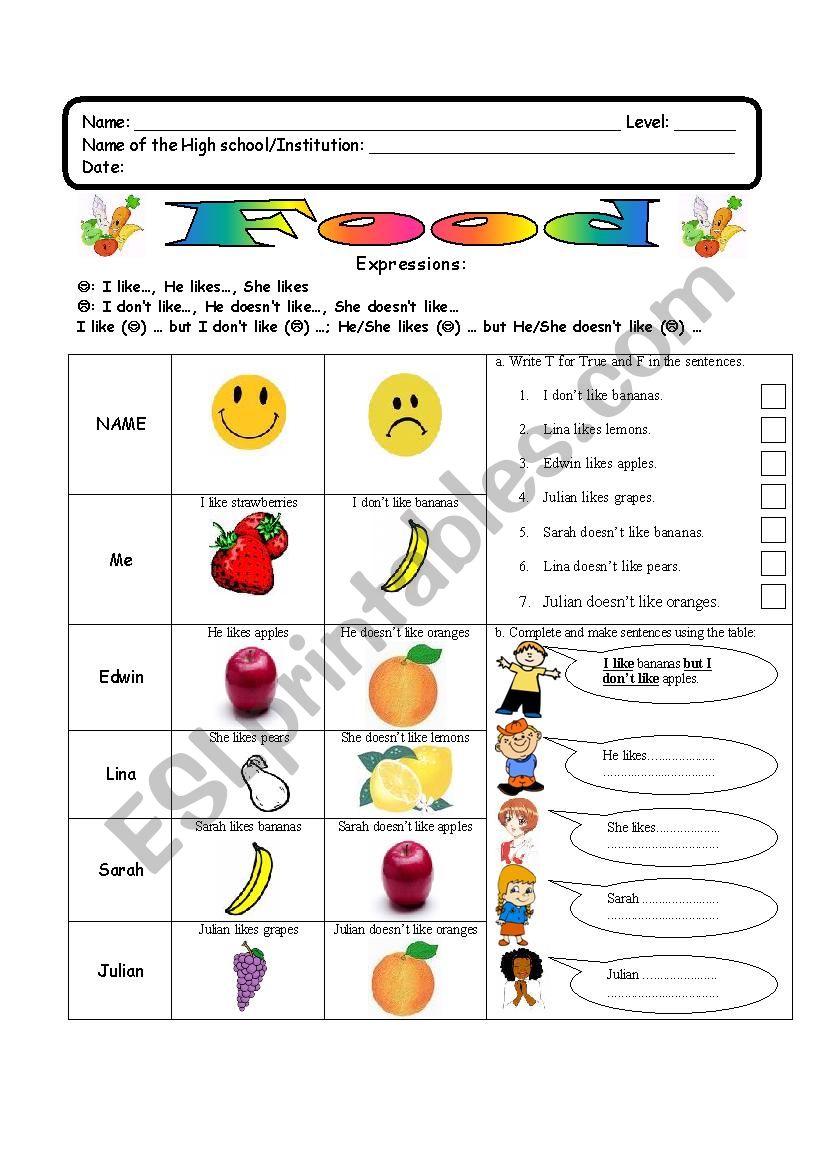 Food Excercise worksheet