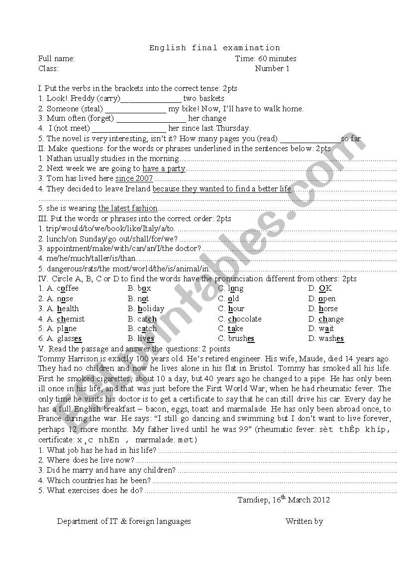 final test worksheet