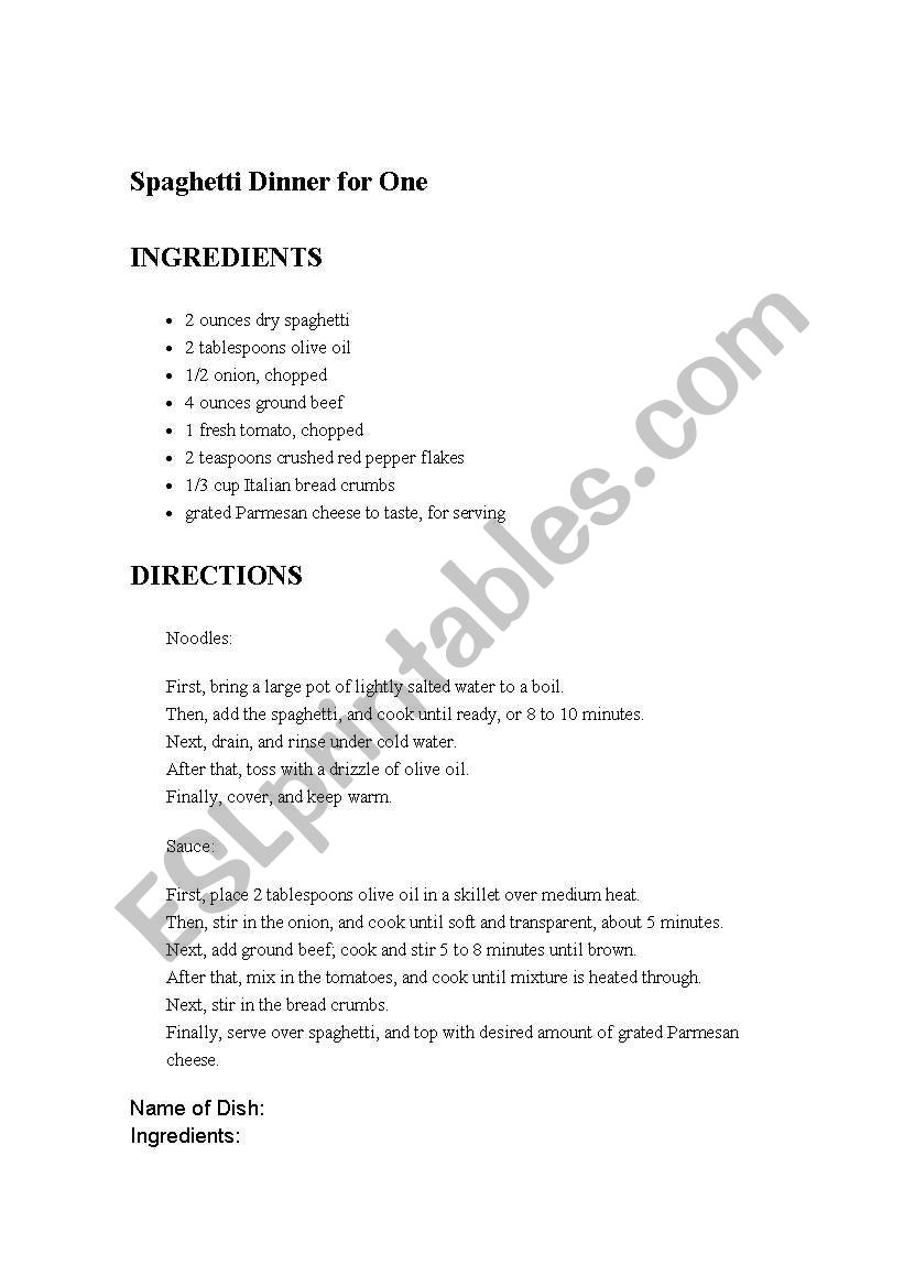 Writing a Recipe worksheet