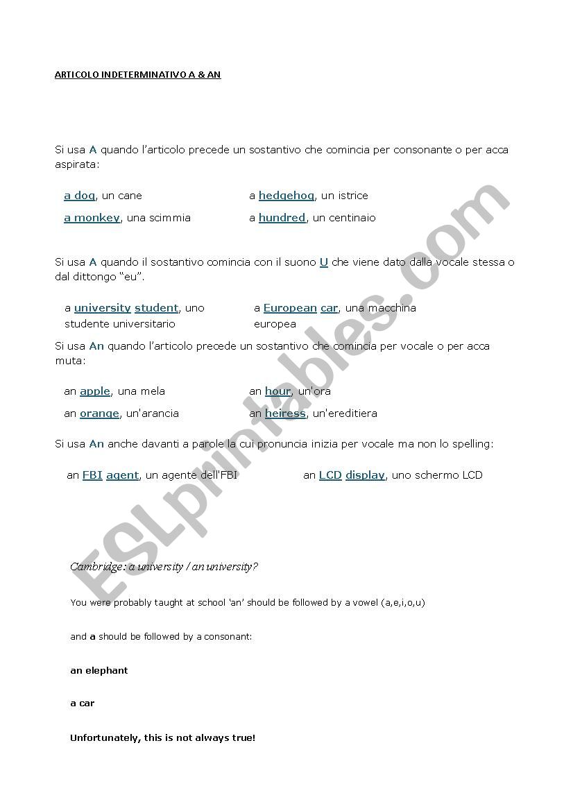 articles worksheet