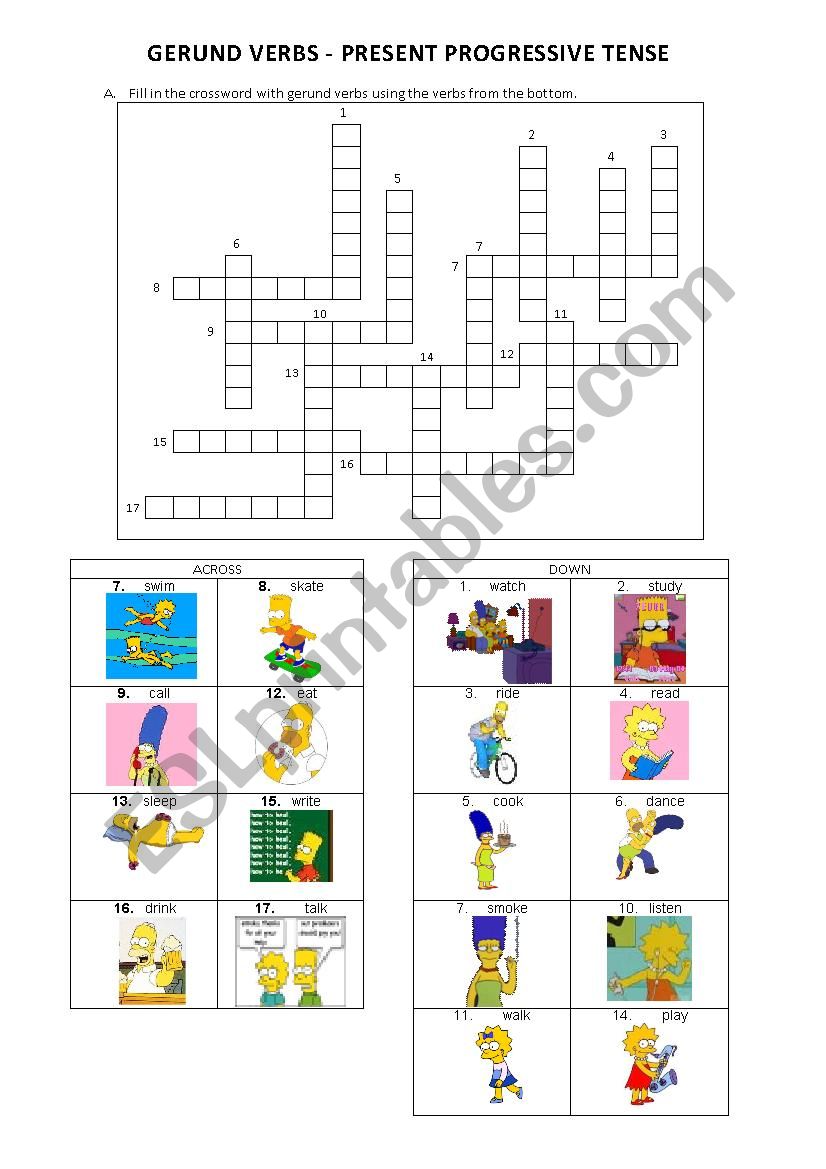 Gerund Verbs Crossword worksheet