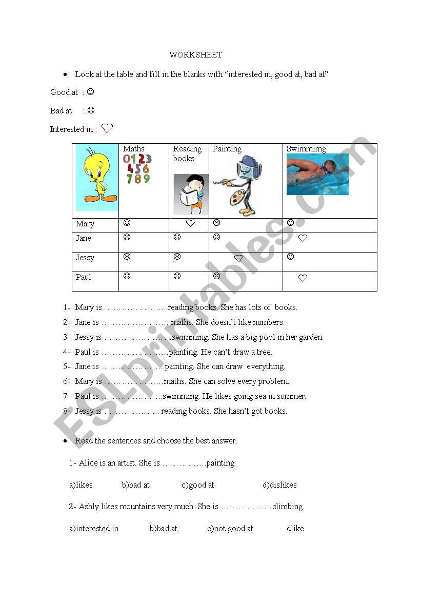 interested in good/bad at worksheet