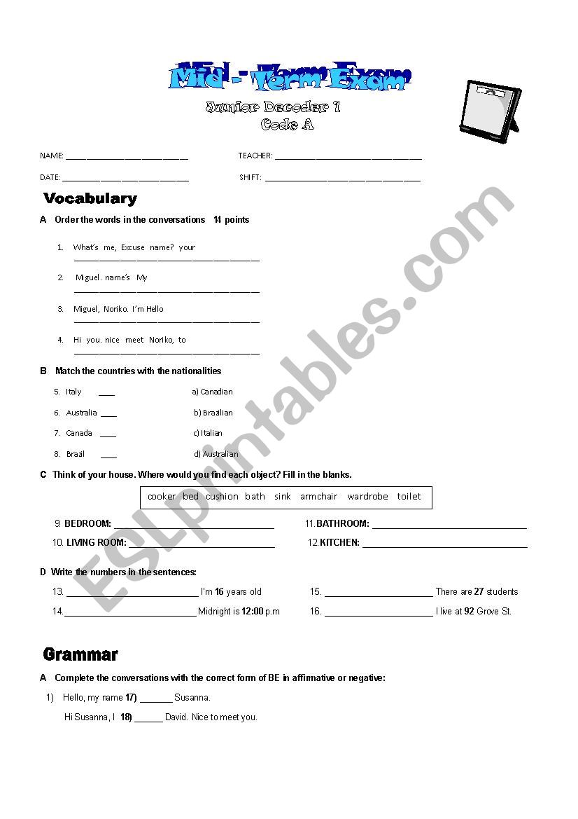 Mid Term Exam worksheet