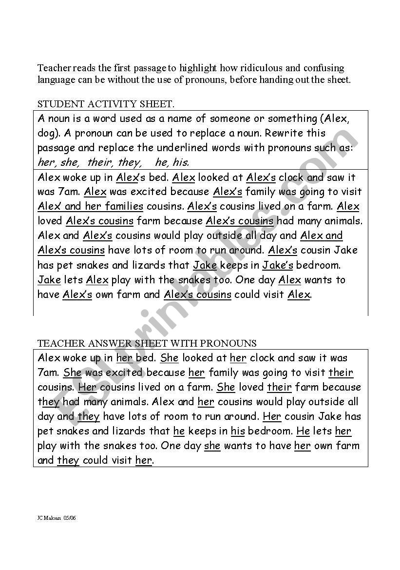 Pronoun worksheet worksheet