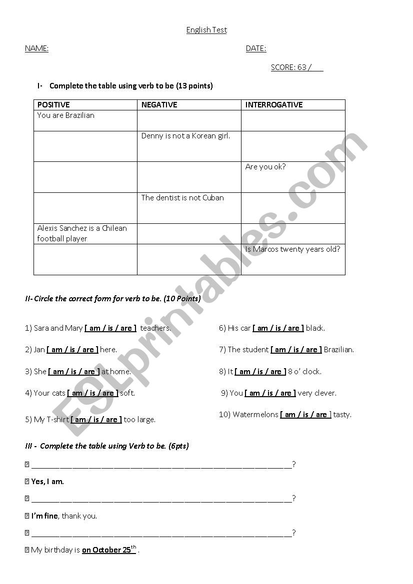 Verb to be Test worksheet