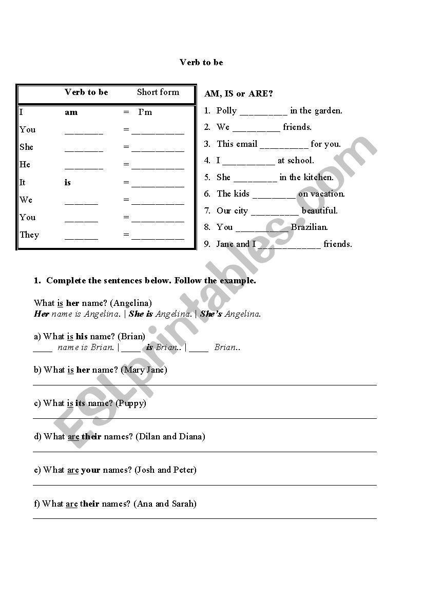 Verb to be worksheet