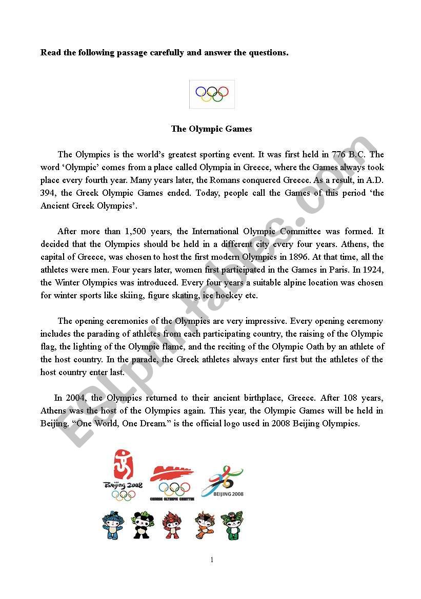 The Olympic Games worksheet