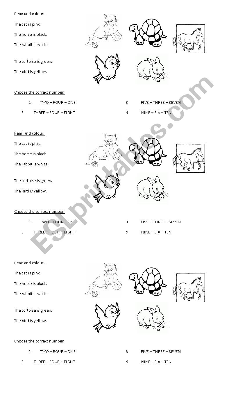 ANIMALS, COLOURS AND NUMBERS worksheet