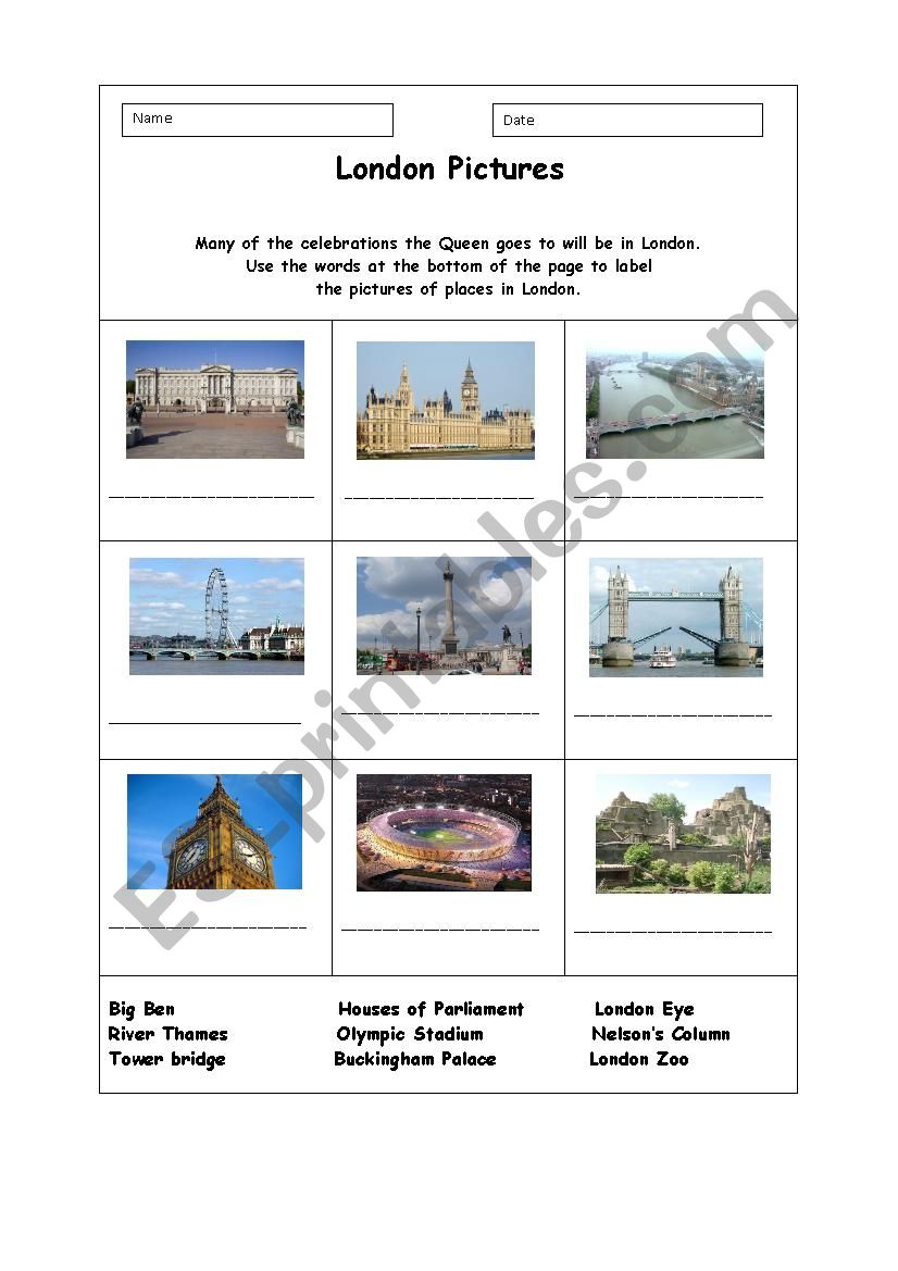 London Landmarks worksheet