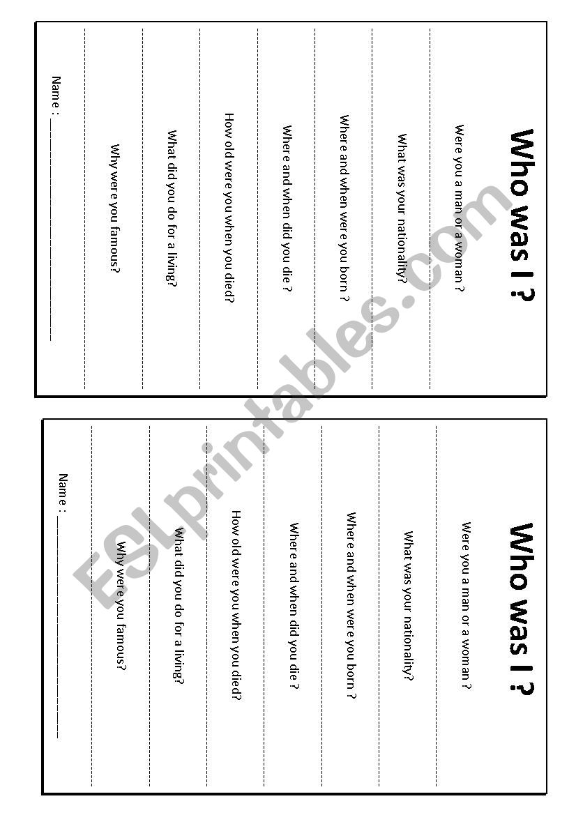 The WHO WAS I ? game worksheet