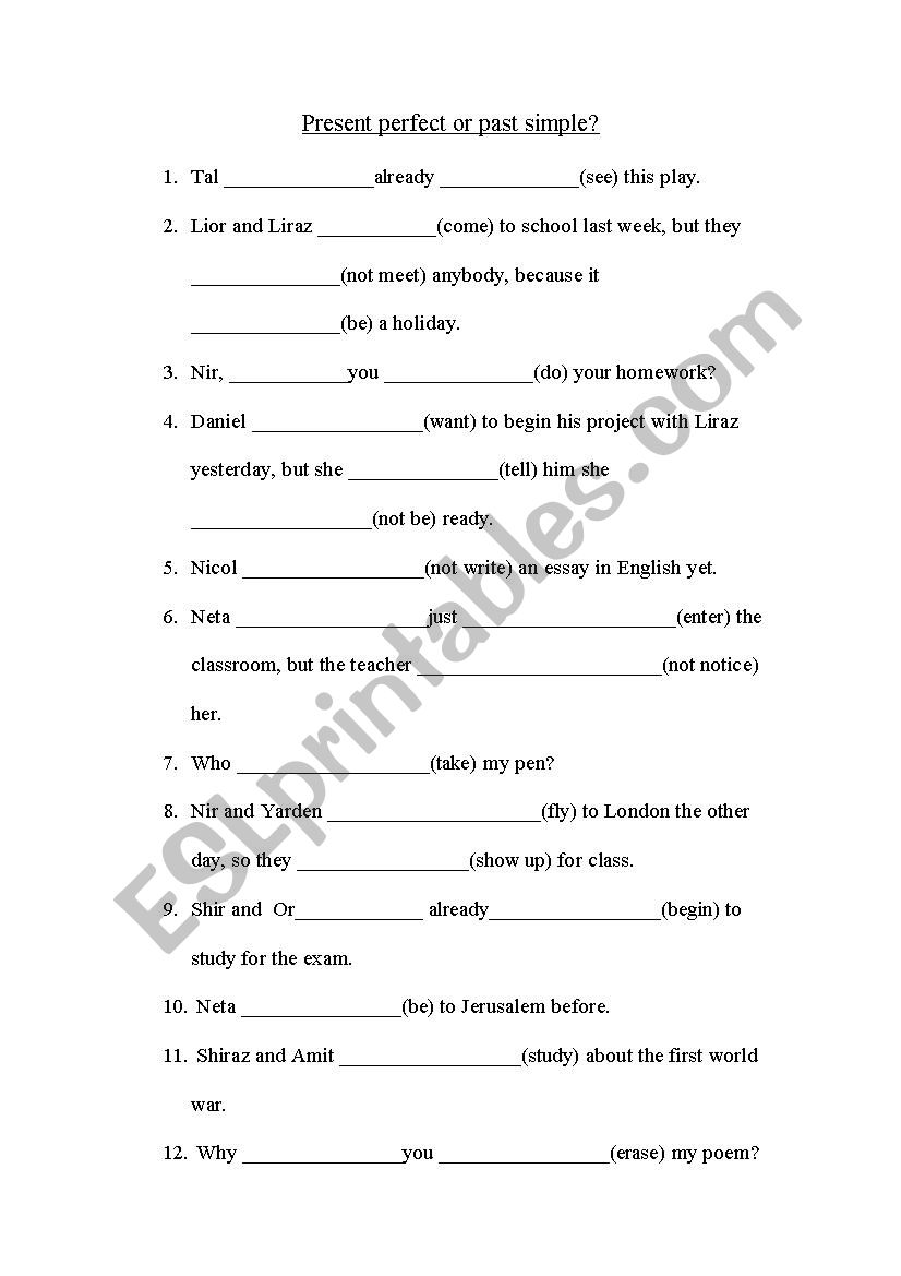 present perfect worksheet