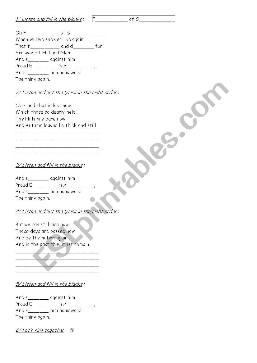 Flower of Scotland worksheet