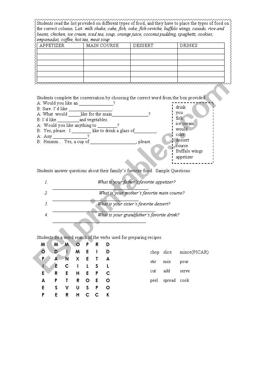 food worksheet