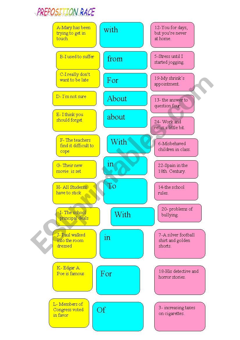 PREPOSITION RACE worksheet