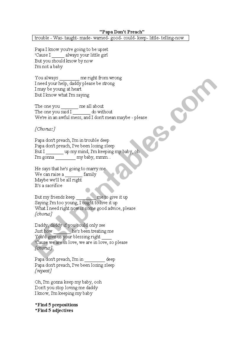 Papa dont preach- by Madonna worksheet