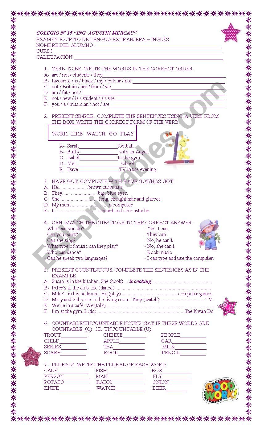 Test: Verb to be- Present Simple- Have Got - Can- Present Continuous- Countable and Uncountable Nouns- Plurals