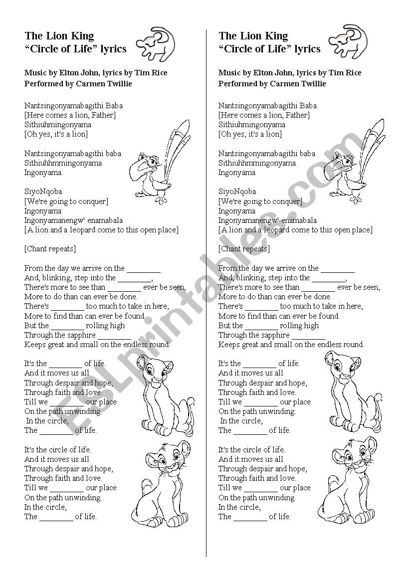 The Lion King “Circle of Life” lyrics - ESL worksheet by