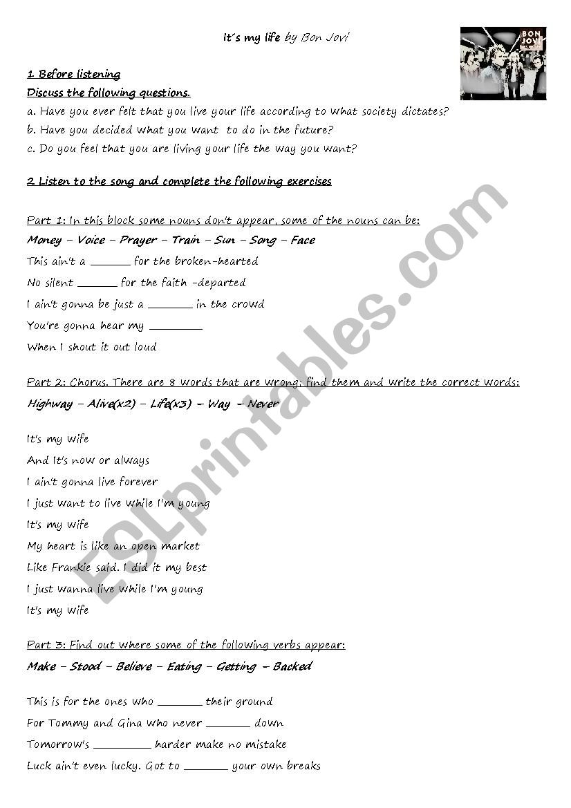 ItÂ´s my life worksheet