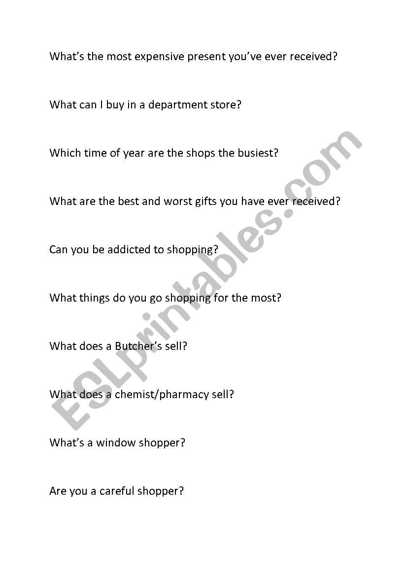 Shopping questions/discussion worksheet