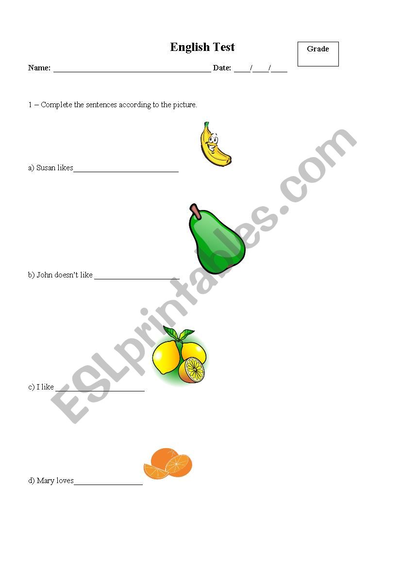 Fruits and numbers test worksheet