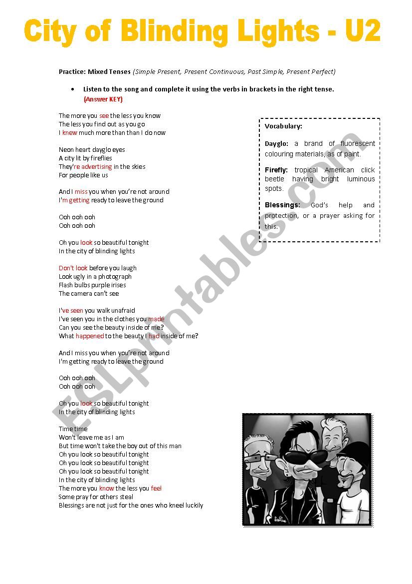 City of blinding lights u2 worksheet