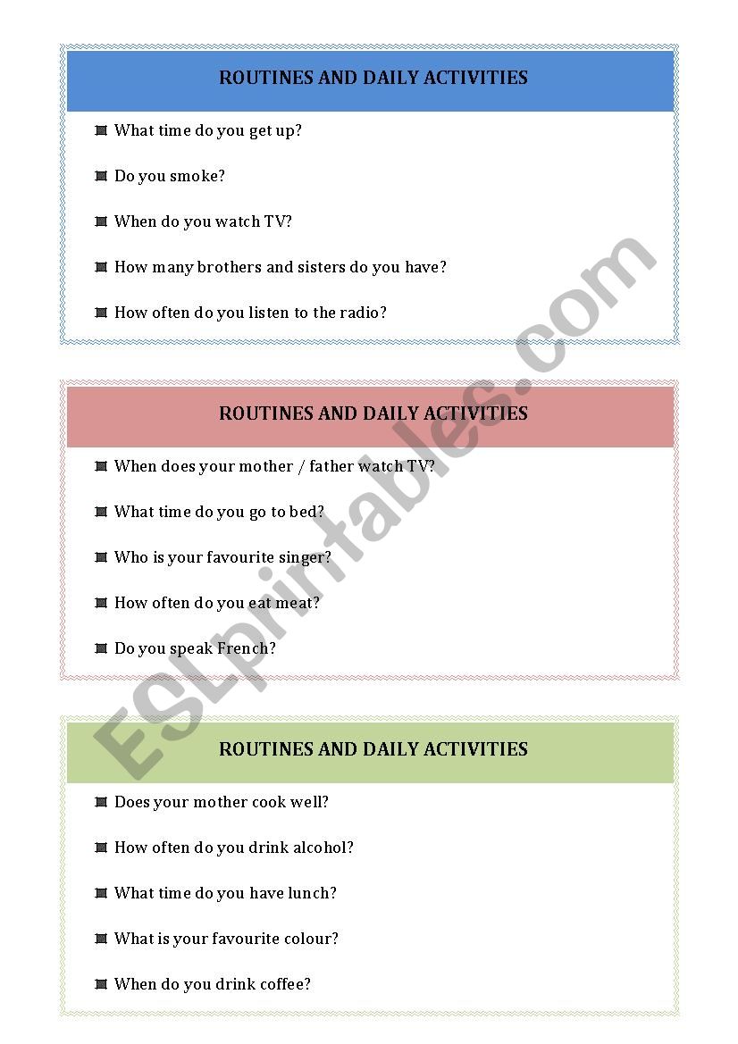 routines and daily activities worksheet