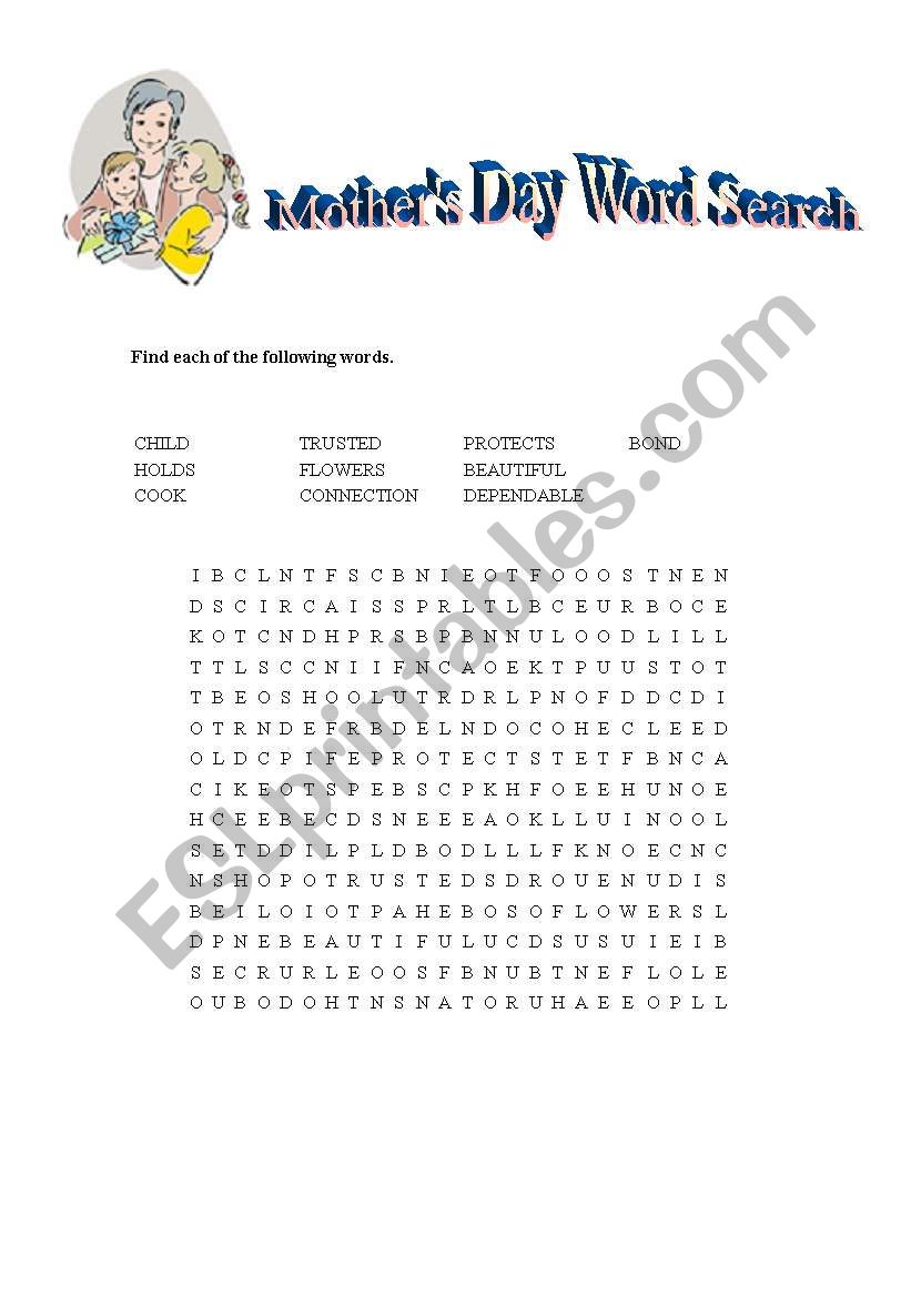 Mothers day word search worksheet