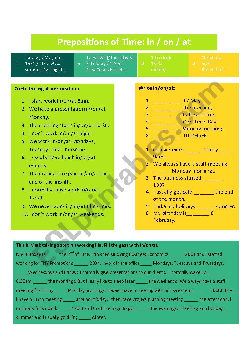 Business English Prepositions of time in on at