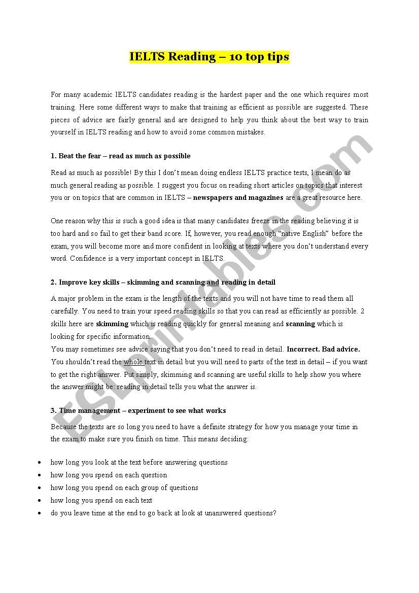 IELTS Reading Tips worksheet