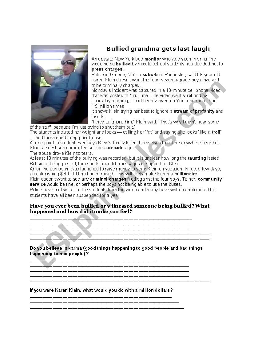 Bullied worksheet