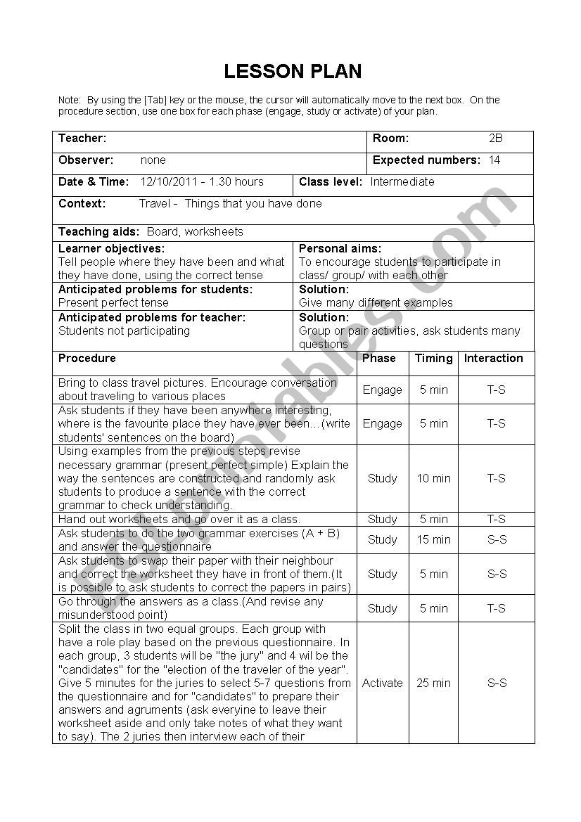 Lesson plan PRESENT PERFECT worksheet