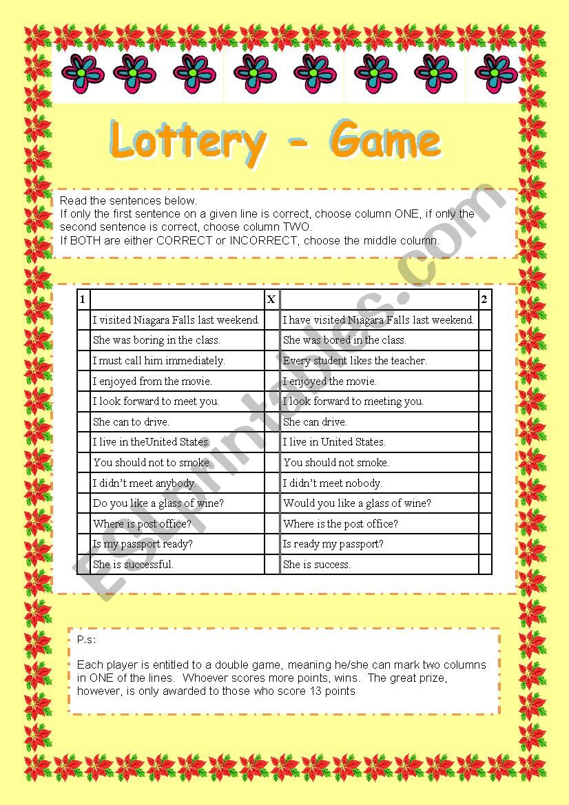 Lottery with sentences  - It can be used as a warm-up or at the end of a class. 