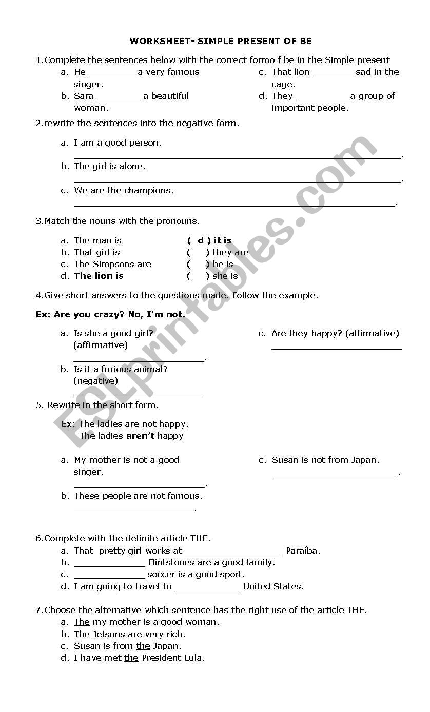 simple present of be worksheet