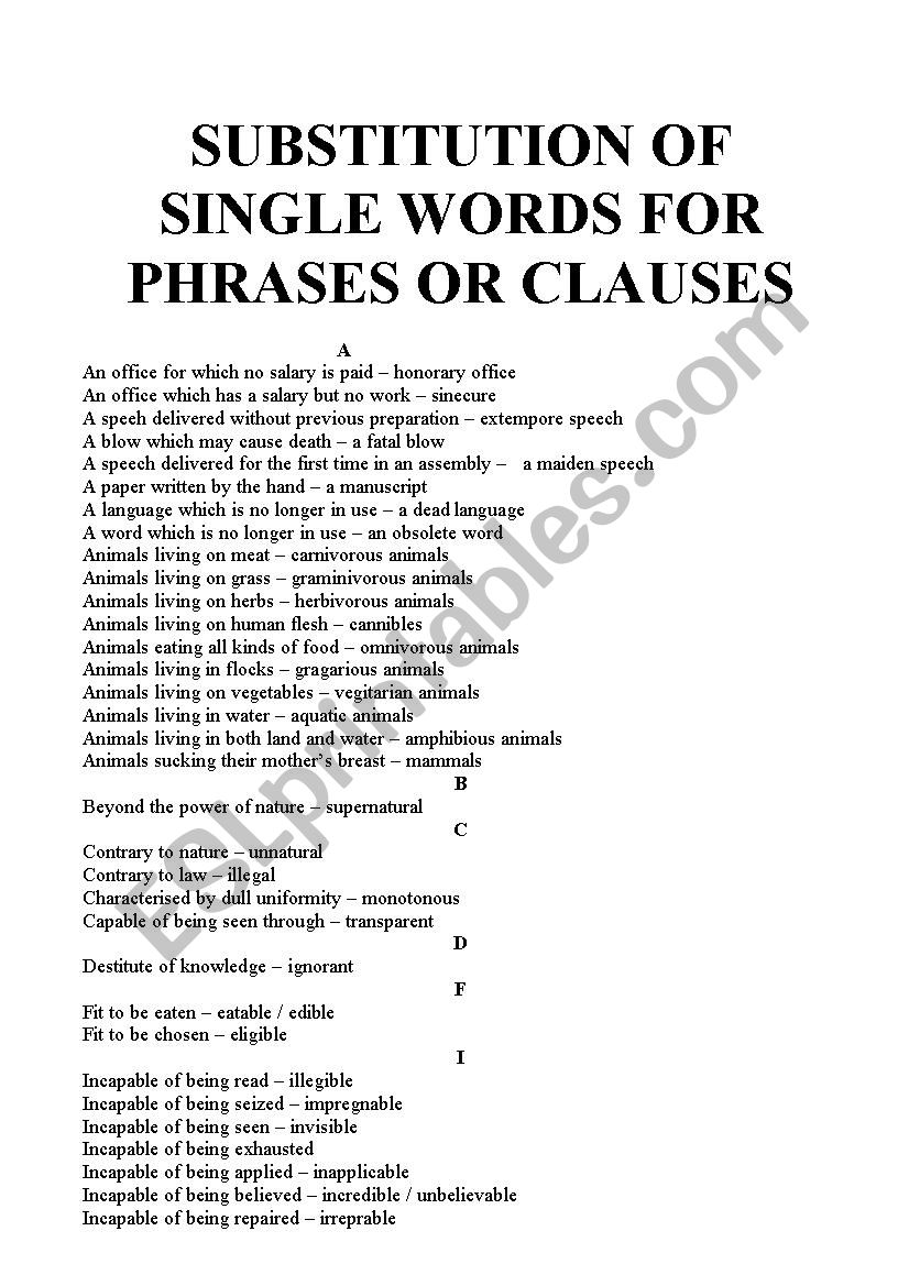 Clause to Single Word worksheet