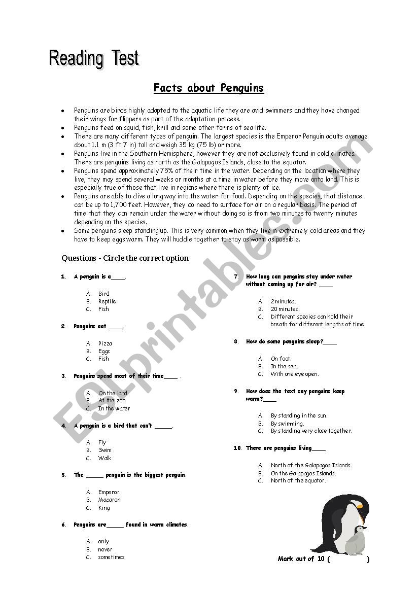 Reading Comprehension Test. Facts about Penguins