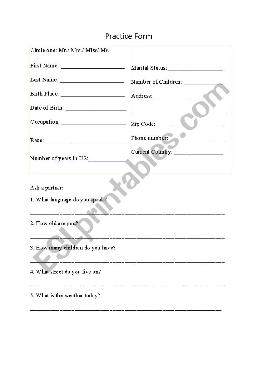 Practice Filling out a Form worksheet