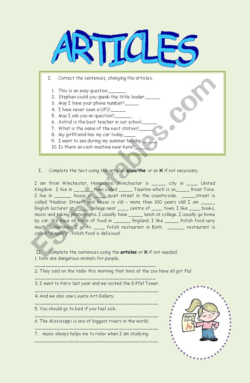 Articles worksheet