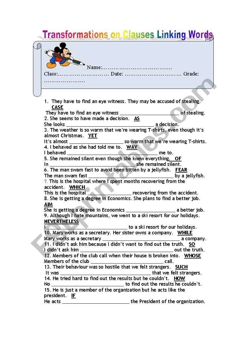 FCE Worksheet Part 4 Clauses and Linking Words