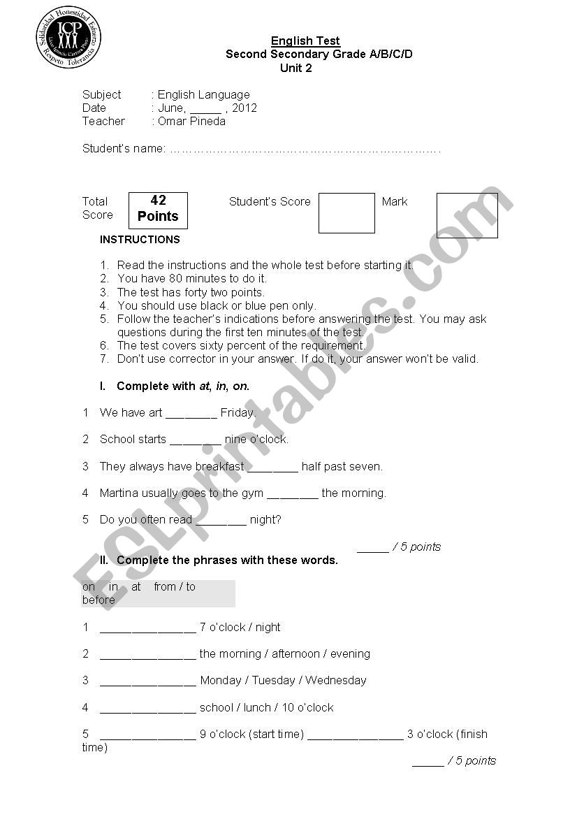 English Test worksheet