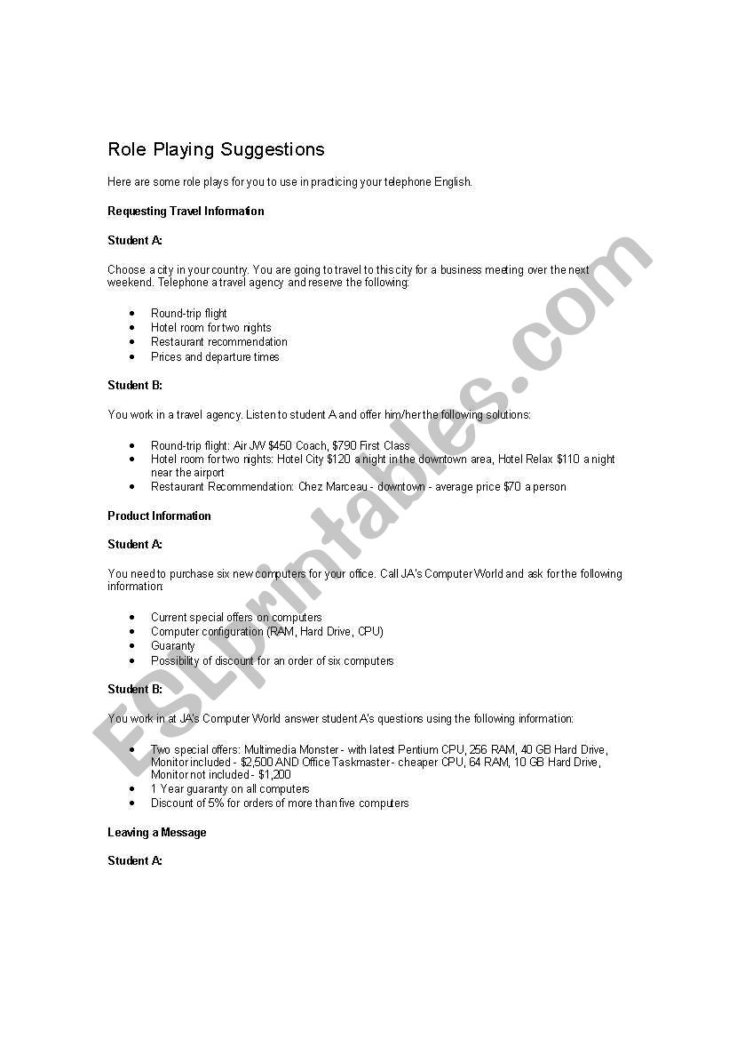 Role play suggestions worksheet