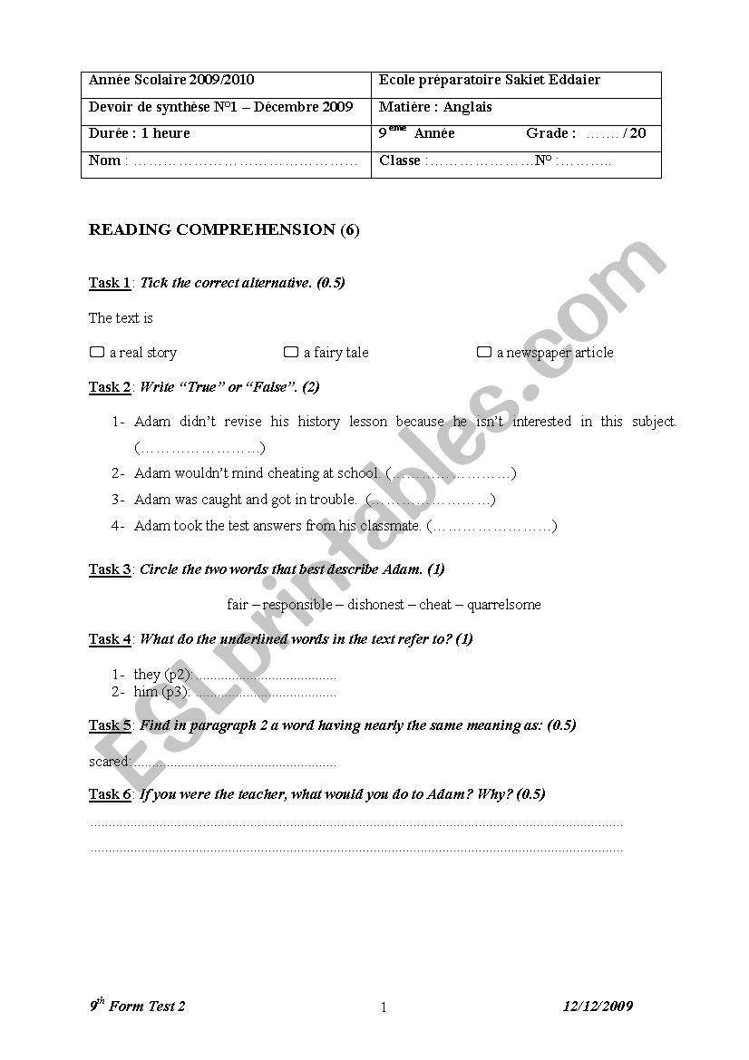 9 form test worksheet