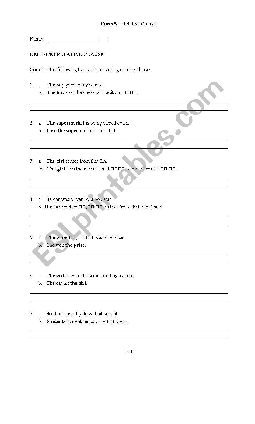 Relative Clauses - Exercise worksheet