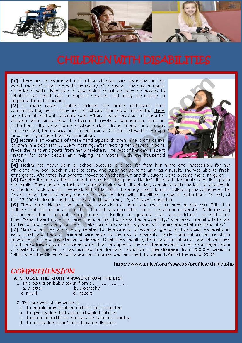 Disabled Children worksheet
