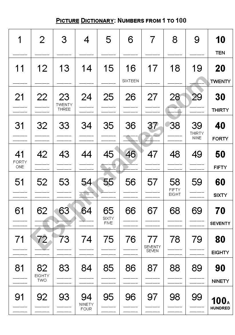 Numbers from 1 to 100 worksheet