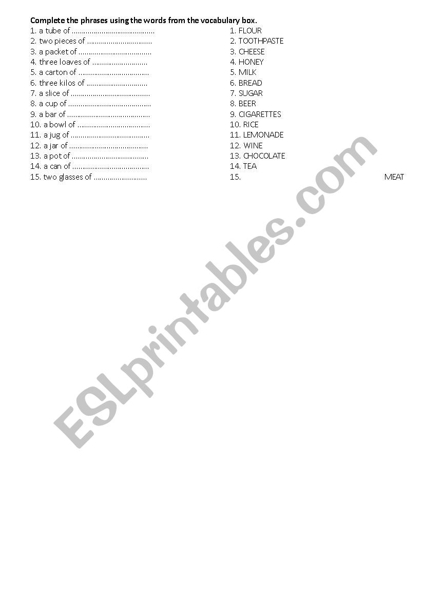 Food containers worksheet