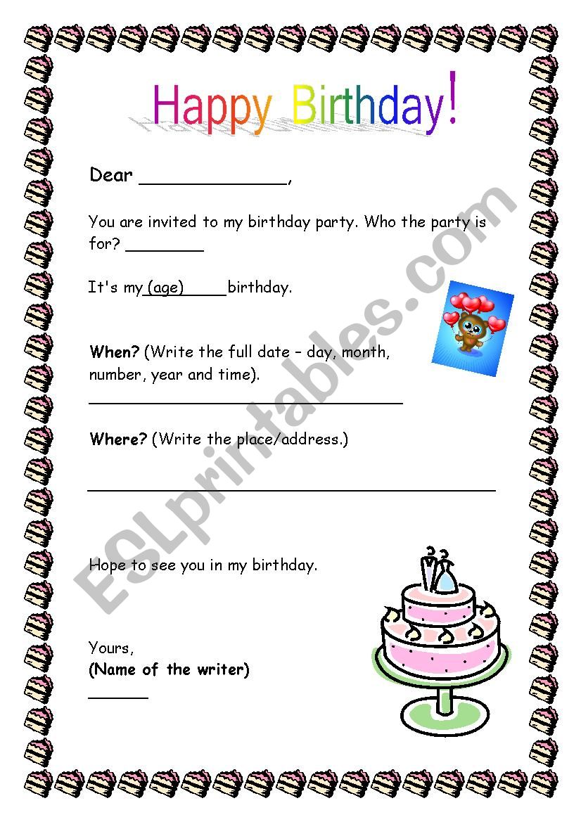 Writing an invitation worksheet