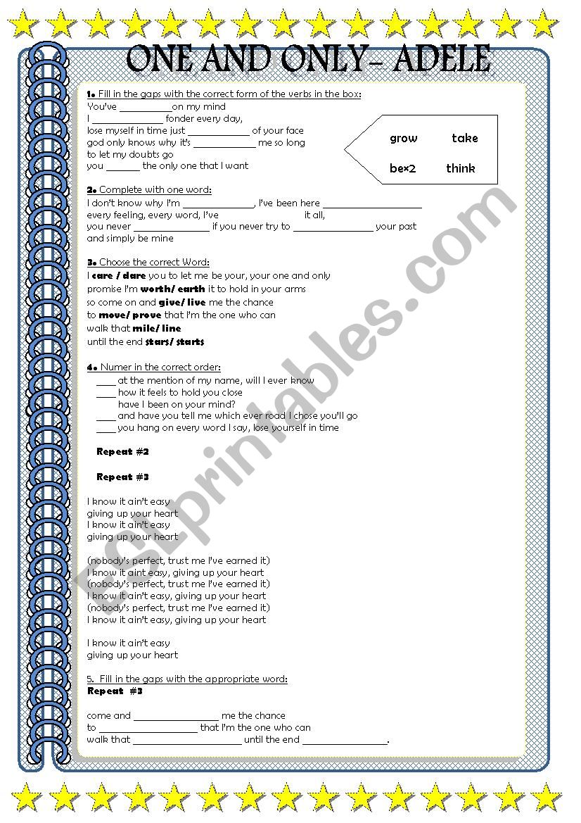 Adele- One and only worksheet