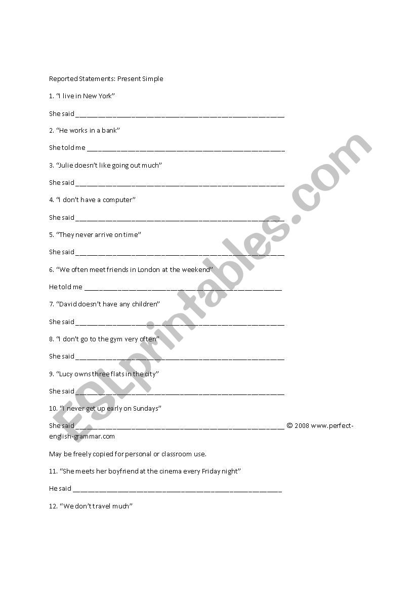 reported speech  worksheet