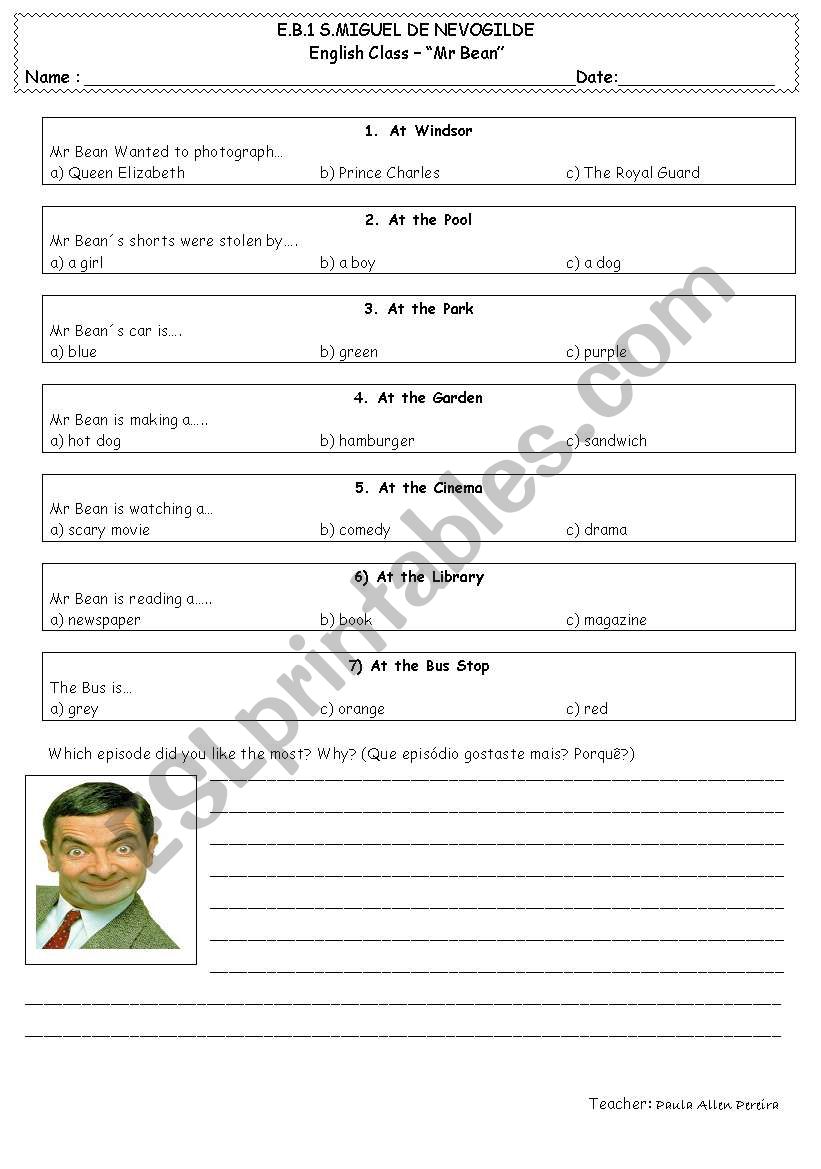 Mr Bean worksheet