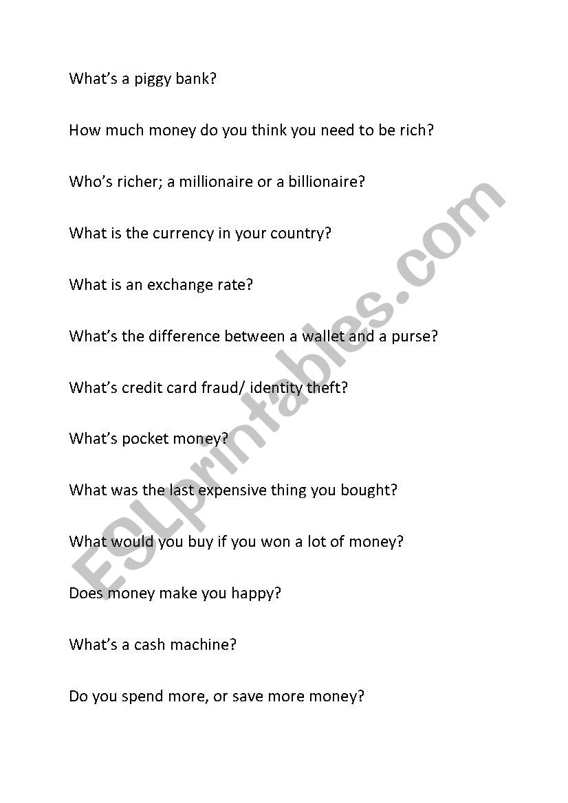 Money speaking/discussion worksheet